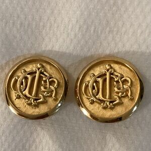 Christian Dior Vintage Monogram Crest Logo Chunky Gold Tone Clip-On Earrings
